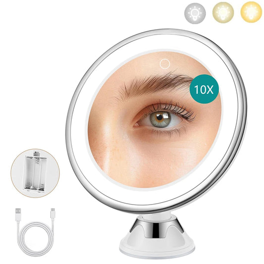 Espejo de Maquillaje Portátil 10X con Luz LED